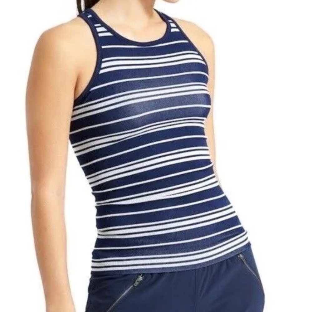 ATHLETA Navy blue white Stripe Renew Racerback Tank Top Shirt size medium
